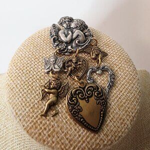 Vtg Renaissance Revival Japan Metal Cherub Angles Heart Dangling Charm Brooch